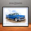 1957 Chevrolet BelAir Muscle Car Art Print Blue with White Top by Rudy Edwards