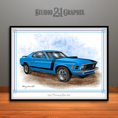 1970 Ford Mustang Boss 302 Muscle Car Art Print, Blue