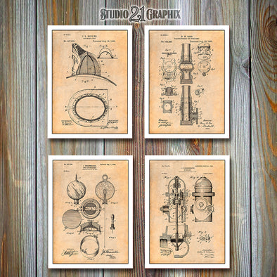 Firefighter Set of 4 Patent Prints Antique Paper