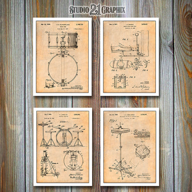 Drums Set of 4 Patent Prints Antique Paper