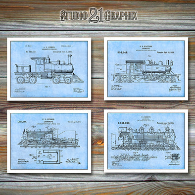 Railroad Set Of 4 Patent Prints Light Blue