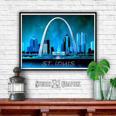 St Louis at Night, Missouri Skyline Watercolor Art Print