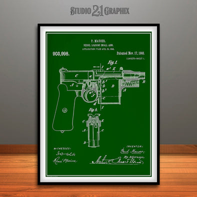 1908 Mauser Recoil Loading Pistol Patent Print Green