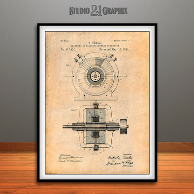 1891 Tesla Alternating Current Generator Patent Print Antique Paper