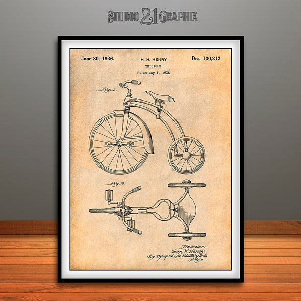 1936 Tricycle Patent Print Antique Paper