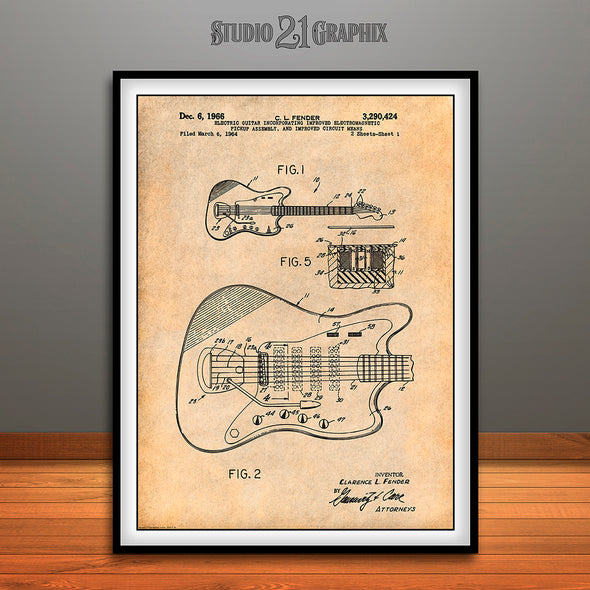 1964 Fender Guitar Patent Print Antique Paper