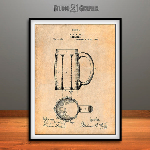 1876 Beer Mug Patent Print Antique Paper