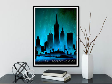 San Francisco at Night Skyline Watercolor Art Print