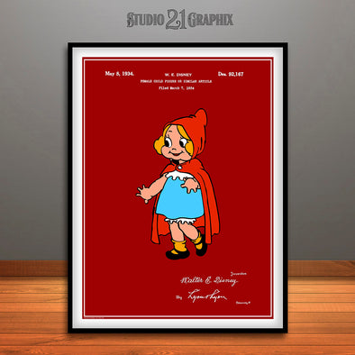 1934 Walt Disney Little Red Riding Hood Colorized Patent Print Red