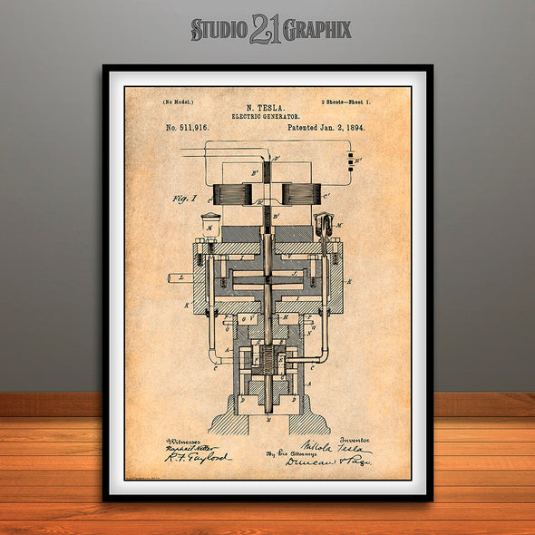 1894 Tesla Electrical Generator Patent Print Antique Paper