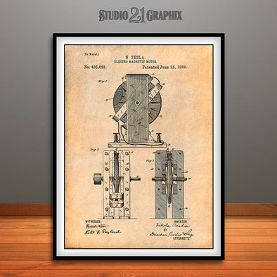 1889 Tesla Electro Magnetic Motor Patent Print Antique Paper