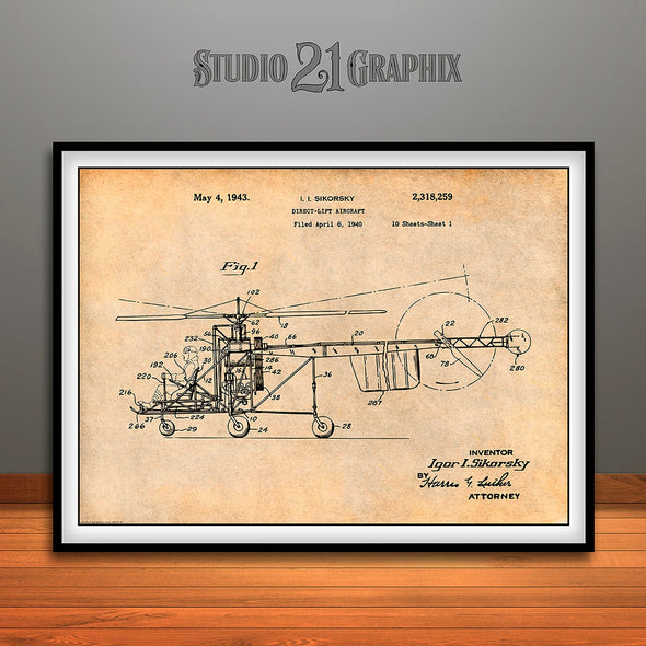 1940 Sikorsky Helicopter Patent Print Antique Paper