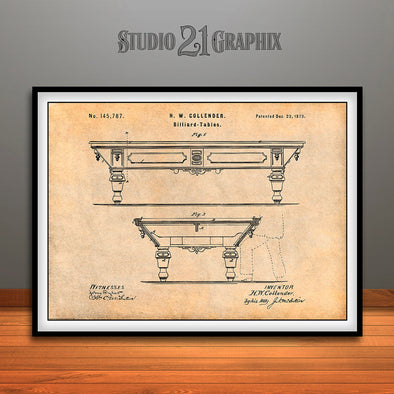 1873 Billiard Table Patent Print Antique Paper