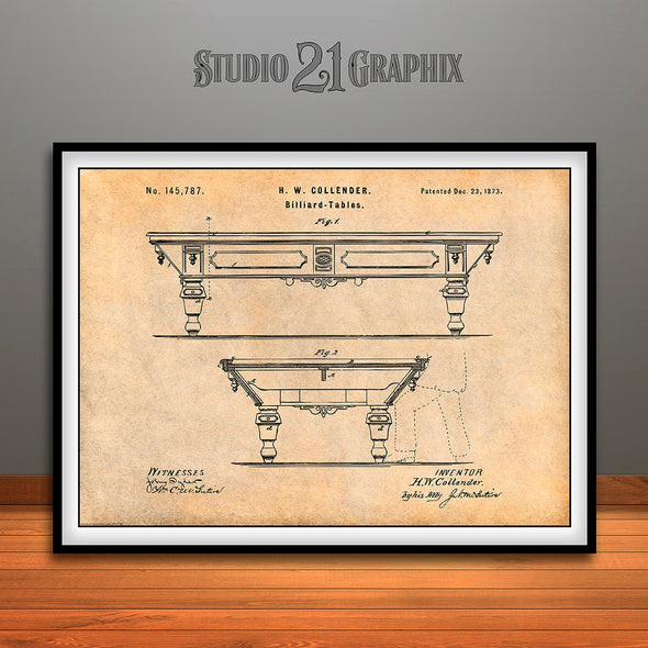 1873 Billiard Table Patent Print Antique Paper