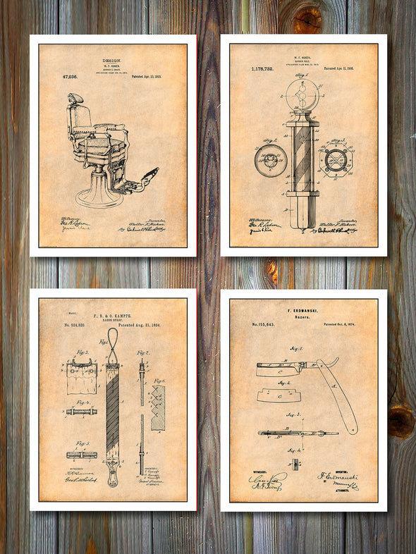 Barber Shop Patent Prints Set of 4 Patent Prints Antique Paper