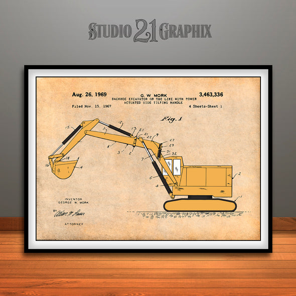1967 Construction Backhoe Excavator Colorized Patent Print Antique Paper