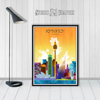 Sydney in living Color, Australia Skyline Watercolor Art Print