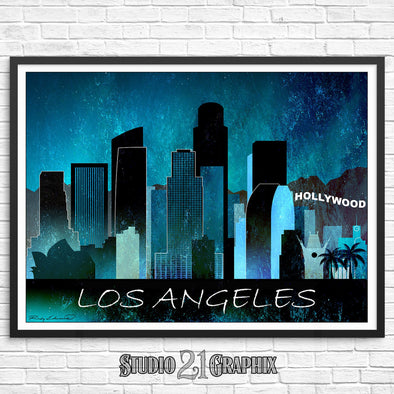 Los Angeles at Night, California Skyline Watercolor Art Print