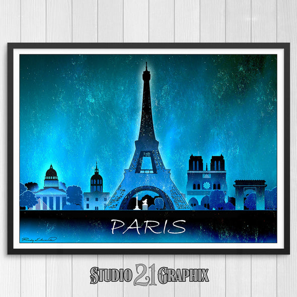 Paris At Night, France Skyline Watercolor Art Print