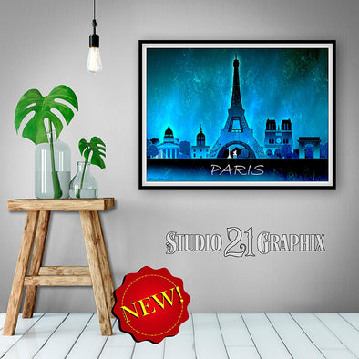 Paris At Night, France Skyline Watercolor Art Print