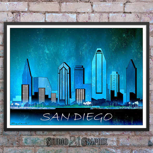 San Diego at Night, California Skyline Watercolor Art Print