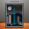 Seattle in Moon Light, Washington Skyline Watercolor Art Print