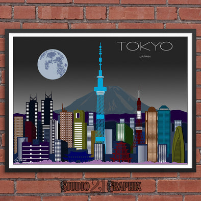 Tokyo In Moon Light, Japan Skyline Watercolor Art Print