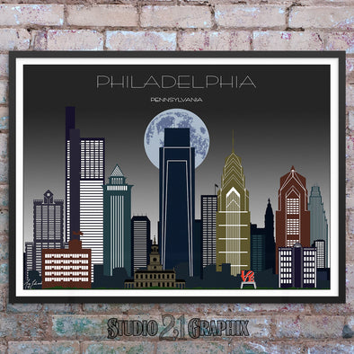 Philadelphia in Moon Light, Pennsylvania Skyline Watercolor Art Print