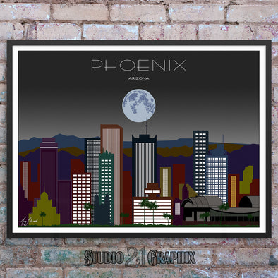 Phoenix in Moon Light, Arizona Skyline Watercolor Art Print