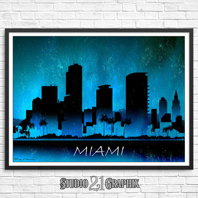 Miami At Night City Skyline Watercolor Art Print