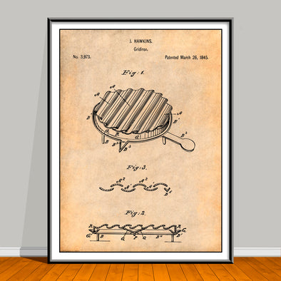1845 Gridiron Patent drawing on an antique paper background, unframed art print. 