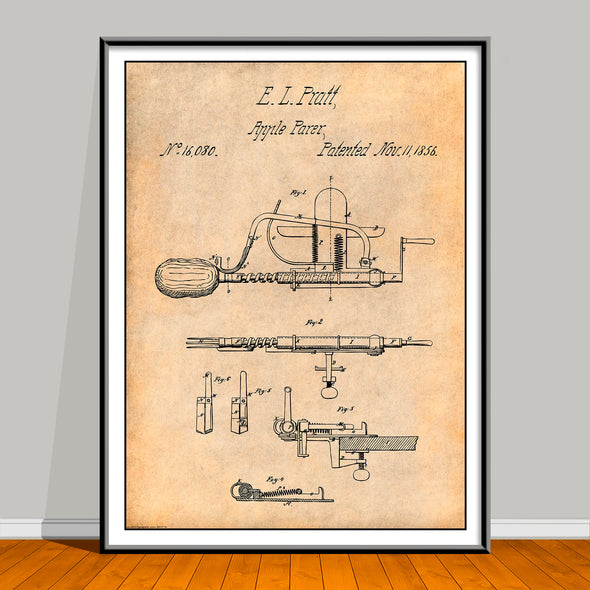 1856 Apple Parer Peeler Patent drawing on an antique paper background, unframed art print.