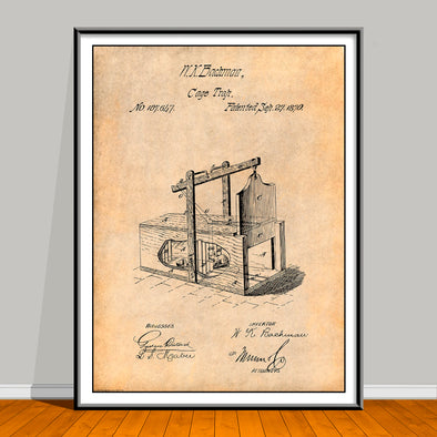 1870 Mouse Trap patent drawing on an antique paper background, unframed art print.