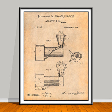 1871 Improvement in Smokestacks Patent drawing on an antique paper background, unframed art print.