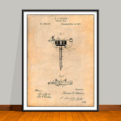 1877 Stencil Pen Tattooing Machine by Thomas Edison Patent Print - Unframed
