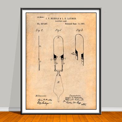 1881 Electric Lamp Patent drawing on an antique paper background, unframed art print.