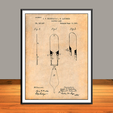 1881 L.H. Latimer Electric Lamp Patent Print - Unframed