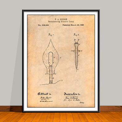 1881 Thomas Edison Incandescing Electric Lamp Patent Print - Unframed