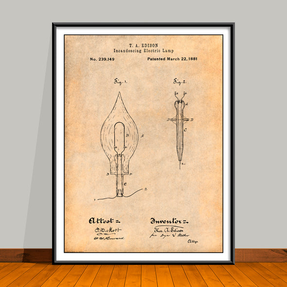 1881 Thomas Edison Incandescing Electric Lamp Patent Print - Unframed