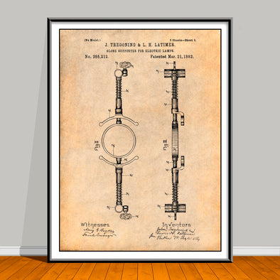 1882 Electric Lamp Patent drawing on an antique paper background, unframed art print.
