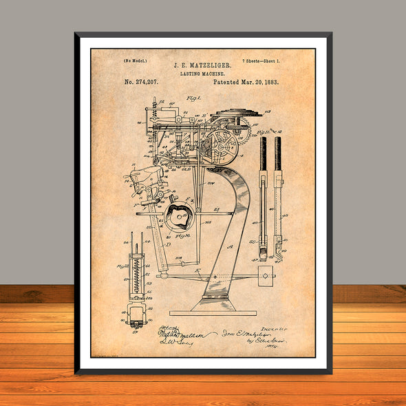 1883 J.E. Matzeliger Lasting Machine Patent Print - Unframed