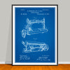 1885 Sewing Machine patent drawing on a blueprint background, unframed art print.
