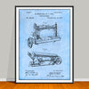 1885 Sewing Machine patent drawing on a light blue background, unframed art print.