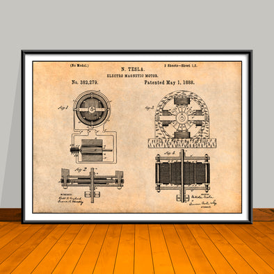 1888 Tesla Electro Magnetic Motor Horizontal Patent Print - Unframed