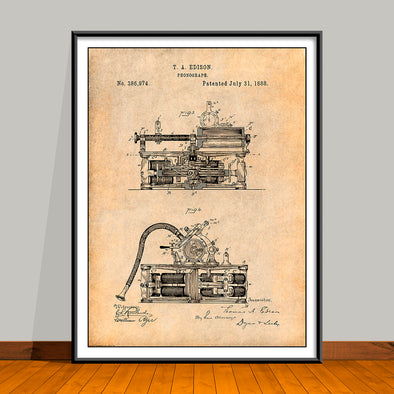 1888 Thomas Edison Phonograph Patent Print - Unframed