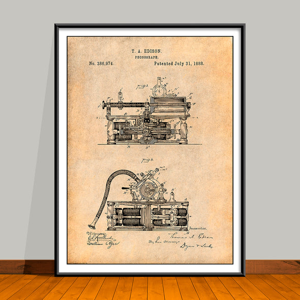 1888 Thomas Edison Phonograph Patent Print - Unframed