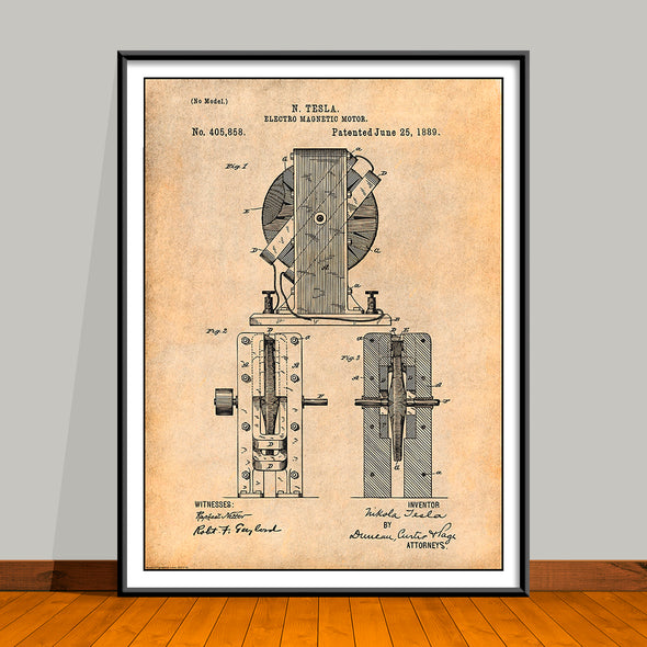1889 Tesla Electro Magnetic Motor Patent Print - UNFRAMED