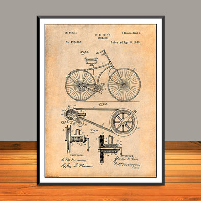 1890 Rice Antique Bicycles Patent Print - UNFRAMED