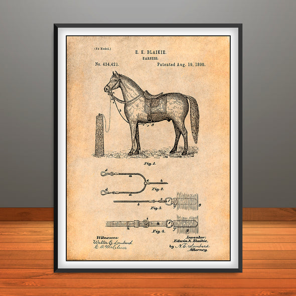 1890 Blakie Horse Harness Patent Print - Unframed