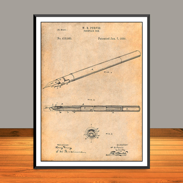 1890 W.B. Purvis Fountain Pen Patent Print - UNFRAMED